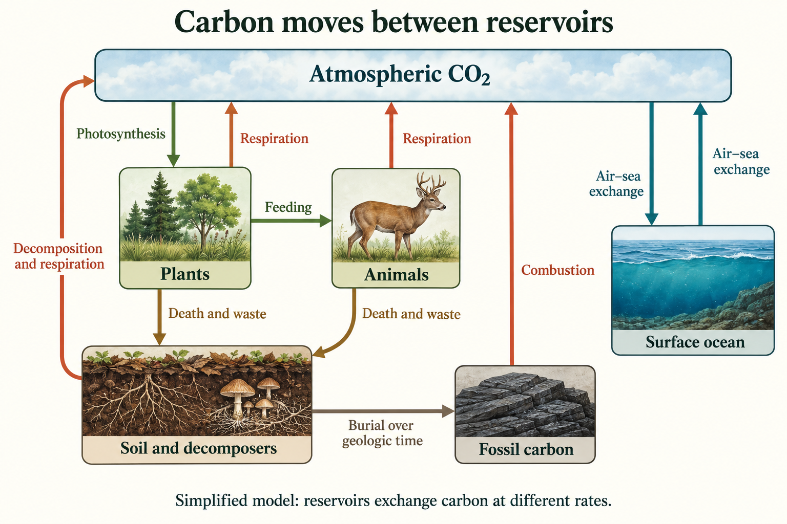 Carbon-cycle diagram showing photosynthesis, feeding, respiration, decomposition, burial, combustion and two-way air–sea exchange.