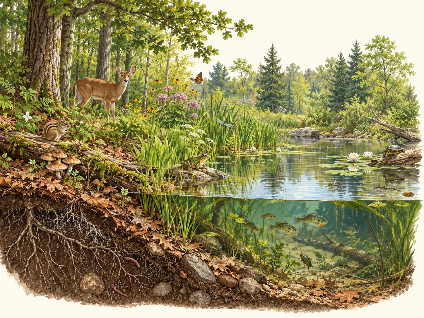Illustrated forest and pond ecosystem with producers, terrestrial and aquatic animals, fungi, roots and soil.