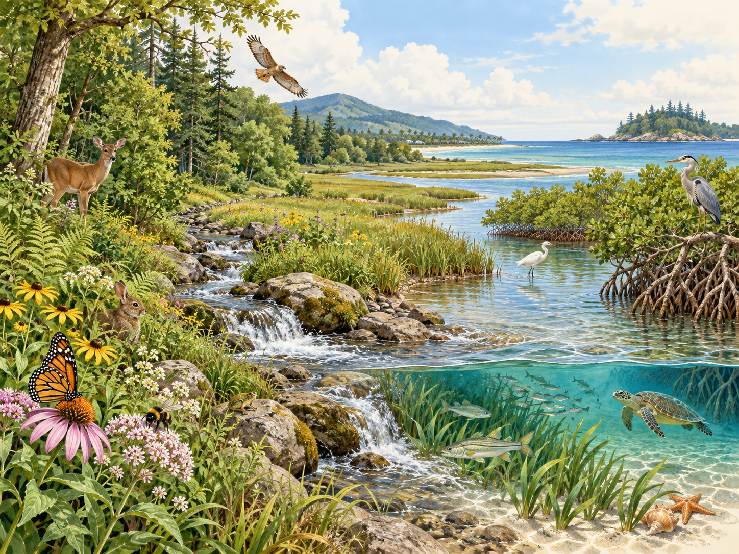 Illustrated coastal landscape showing a forest, flower-rich meadow, freshwater stream, mangrove estuary and marine life.