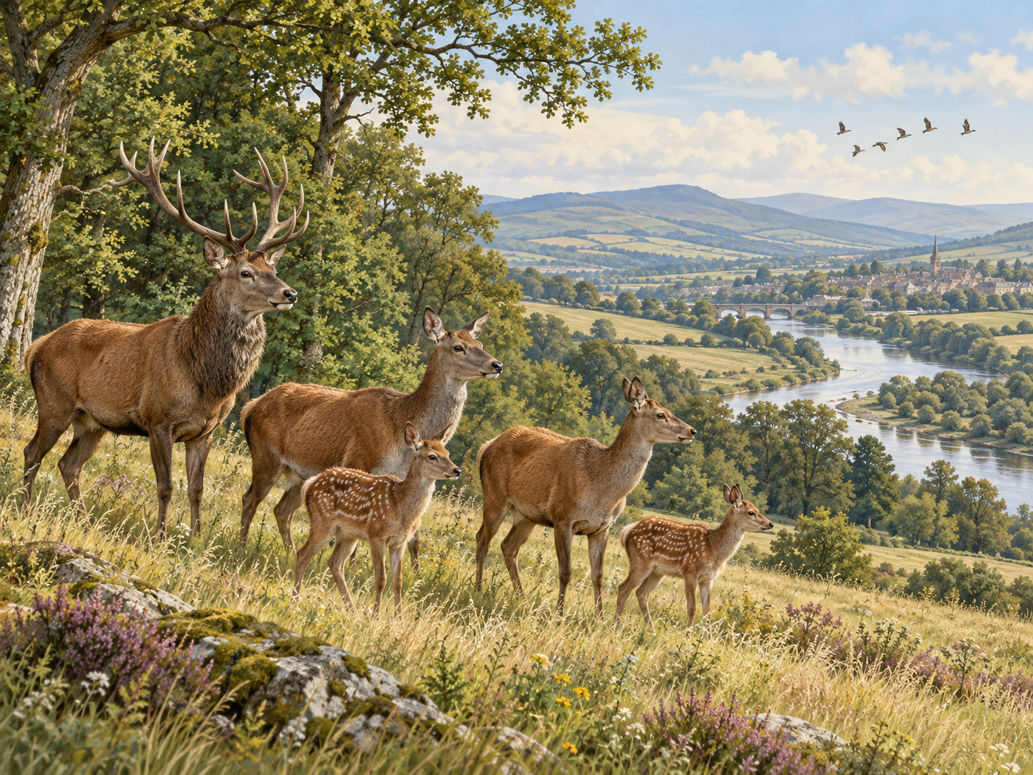 Illustrated red-deer population with adults and calves in a river valley, with fields, birds and a distant town.