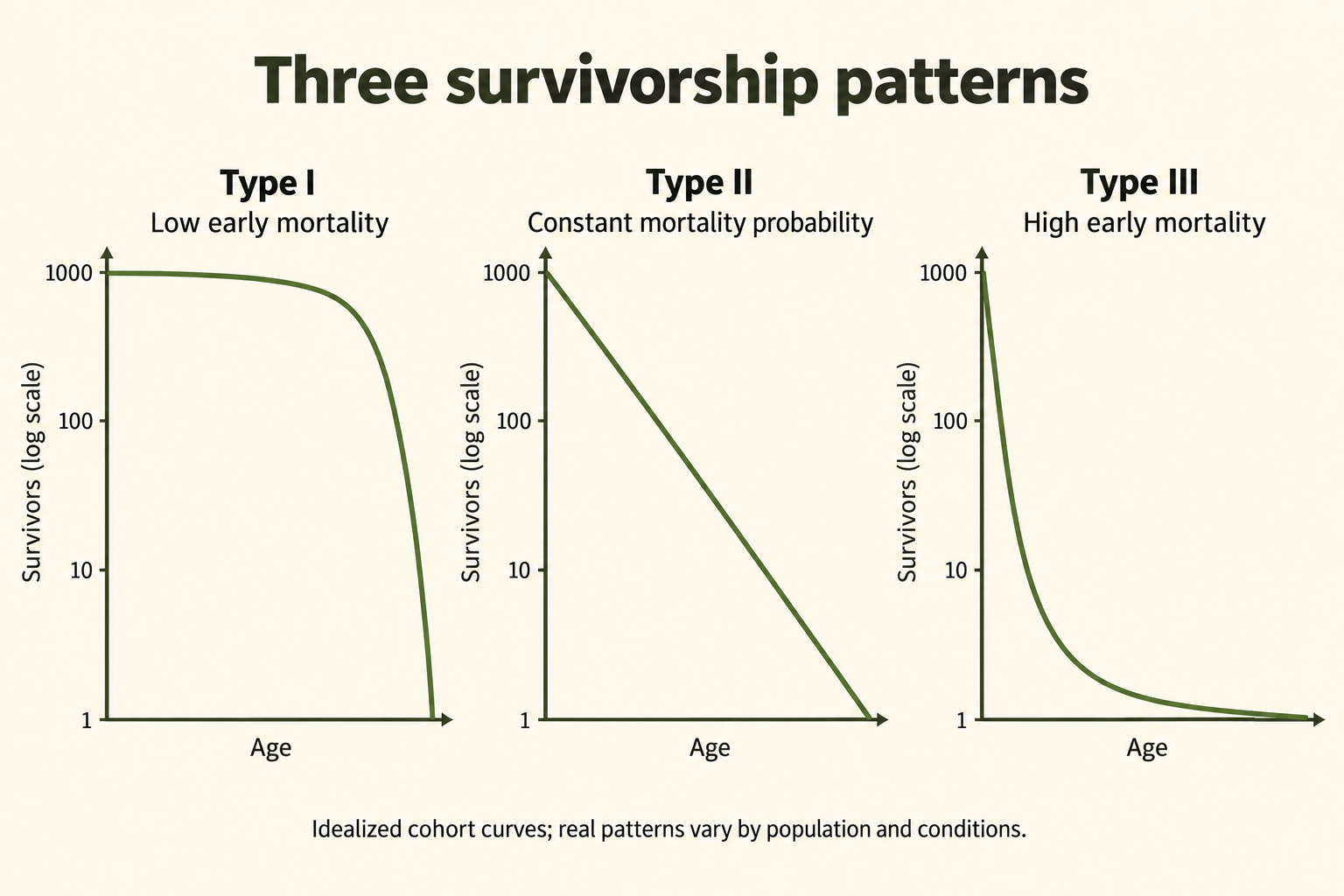 Type I has low early mortality and a late decline; Type II is straight on log-survivorship axes; Type III has a steep early decline.