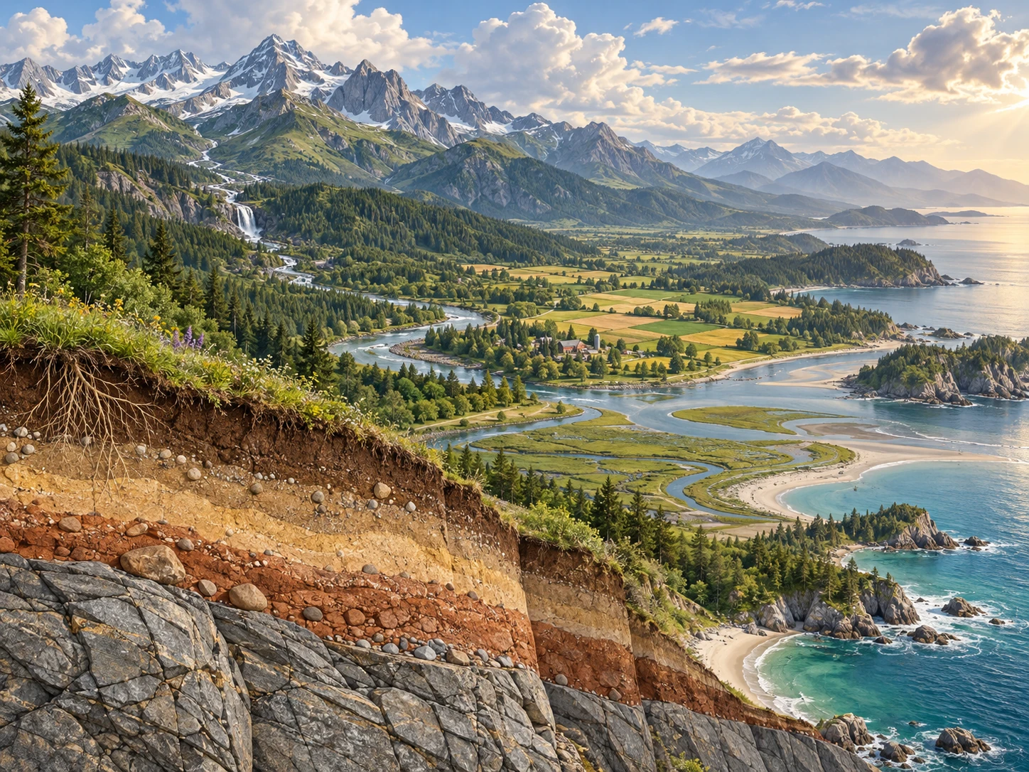 Illustrated mountain-to-coast watershed with forests, farmland, river channels, clouds and a foreground soil cutaway.