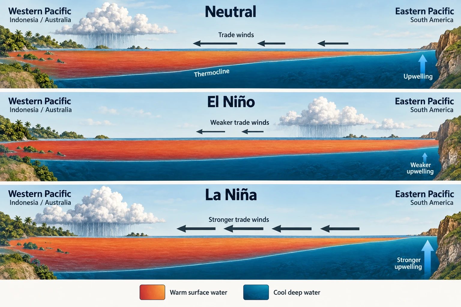 Neutral, El Niño and La Niña Pacific cross-sections compare east-to-west trades, thermocline slope, warm water and eastern upwelling.