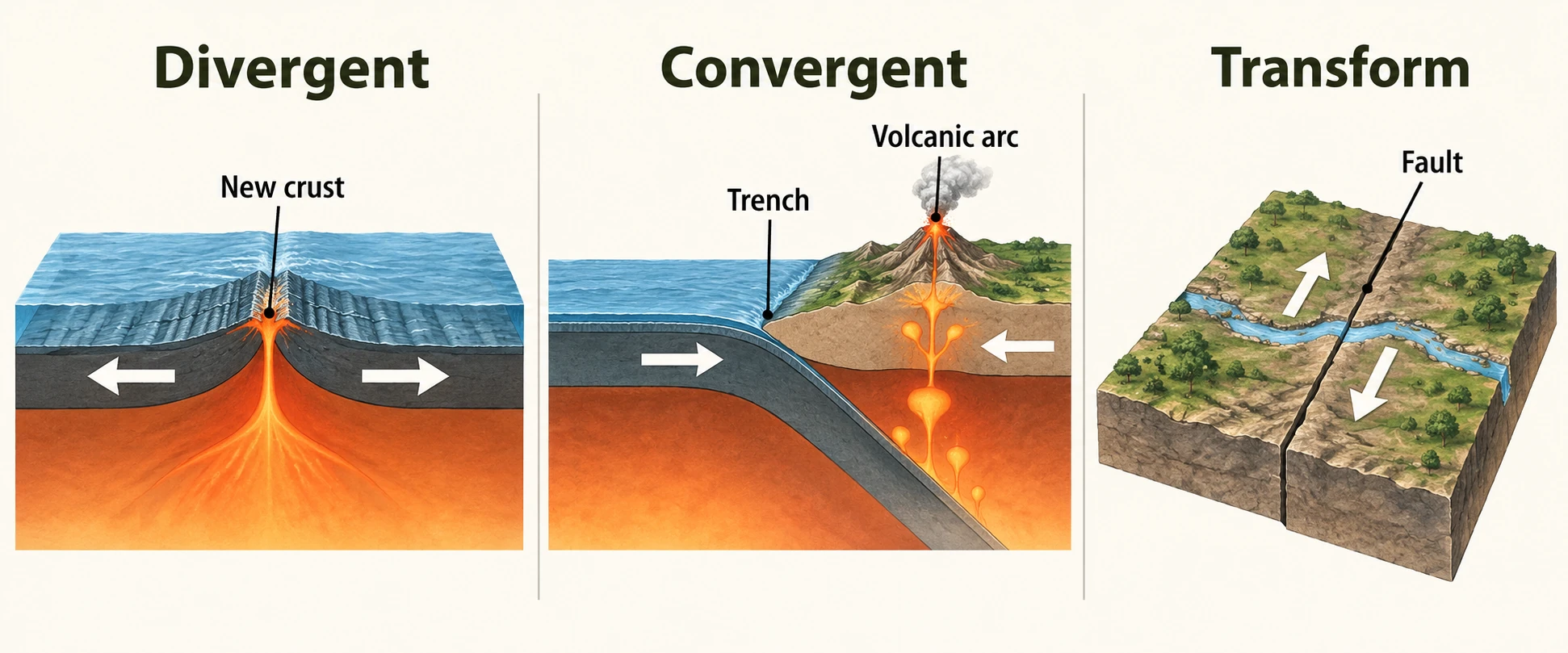 Divergent plates move apart at a ridge; oceanic lithosphere subducts at a convergent margin; transform plates slide past along a fault.