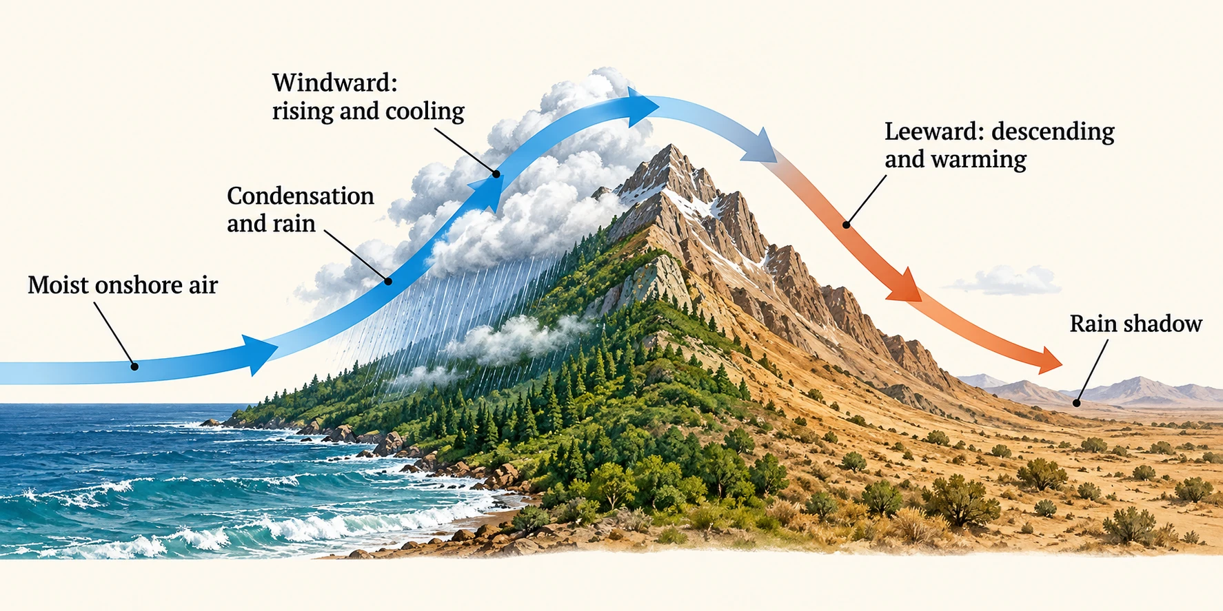 Moist air rises and cools on the windward slope, produces rain, then descends and warms over a drier leeward rain shadow.