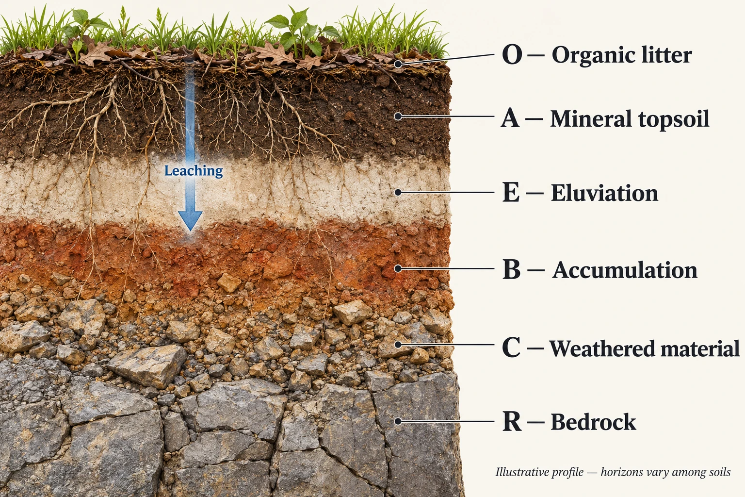 Illustrative O, A, E, B, C and R profile with organic litter, mineral topsoil, pale eluviation layer, accumulation zone, weathered material and bedrock.