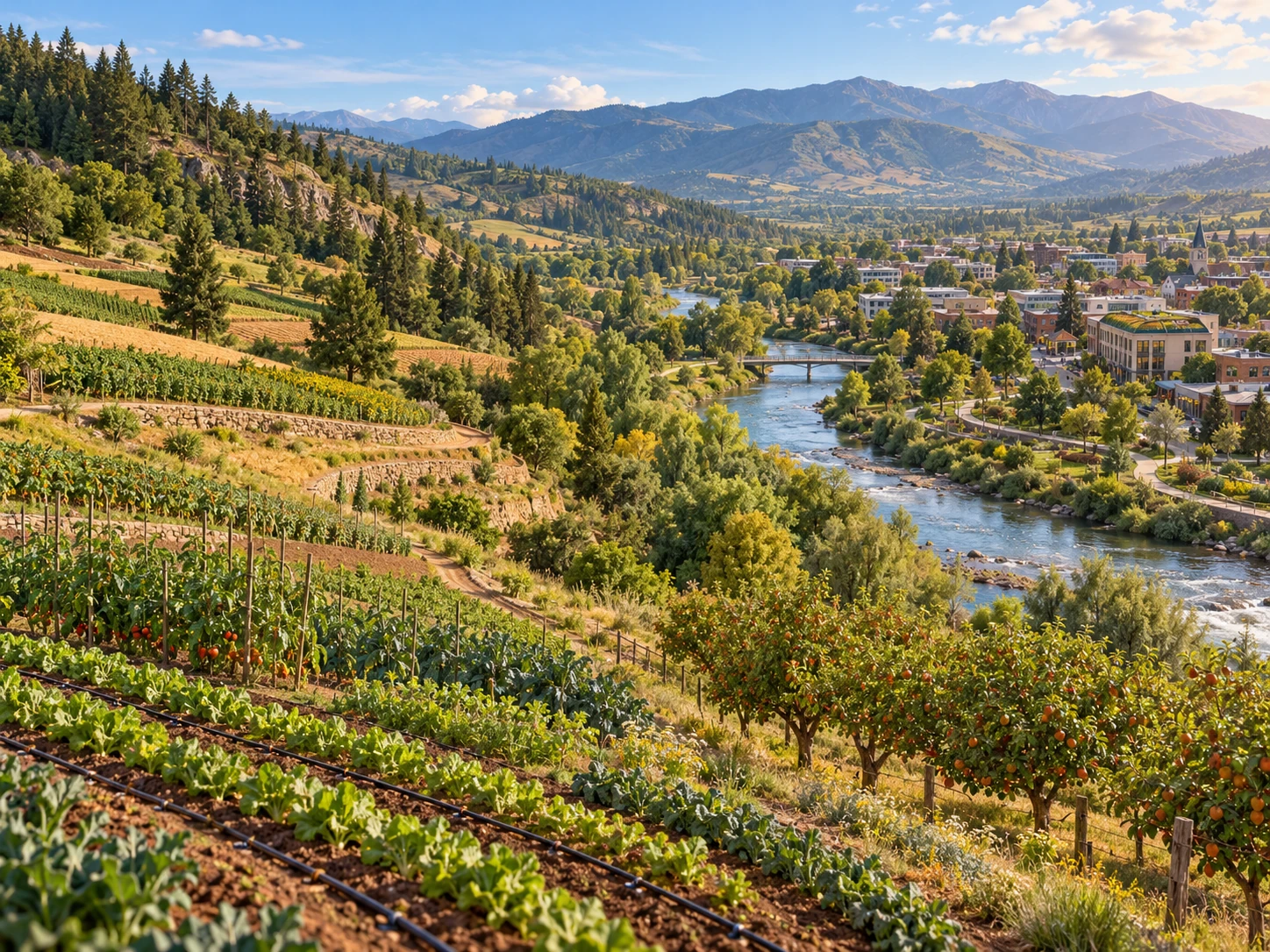 Illustrated land and water management landscape with crops, a river, riparian woodland, managed forest and a compact town.