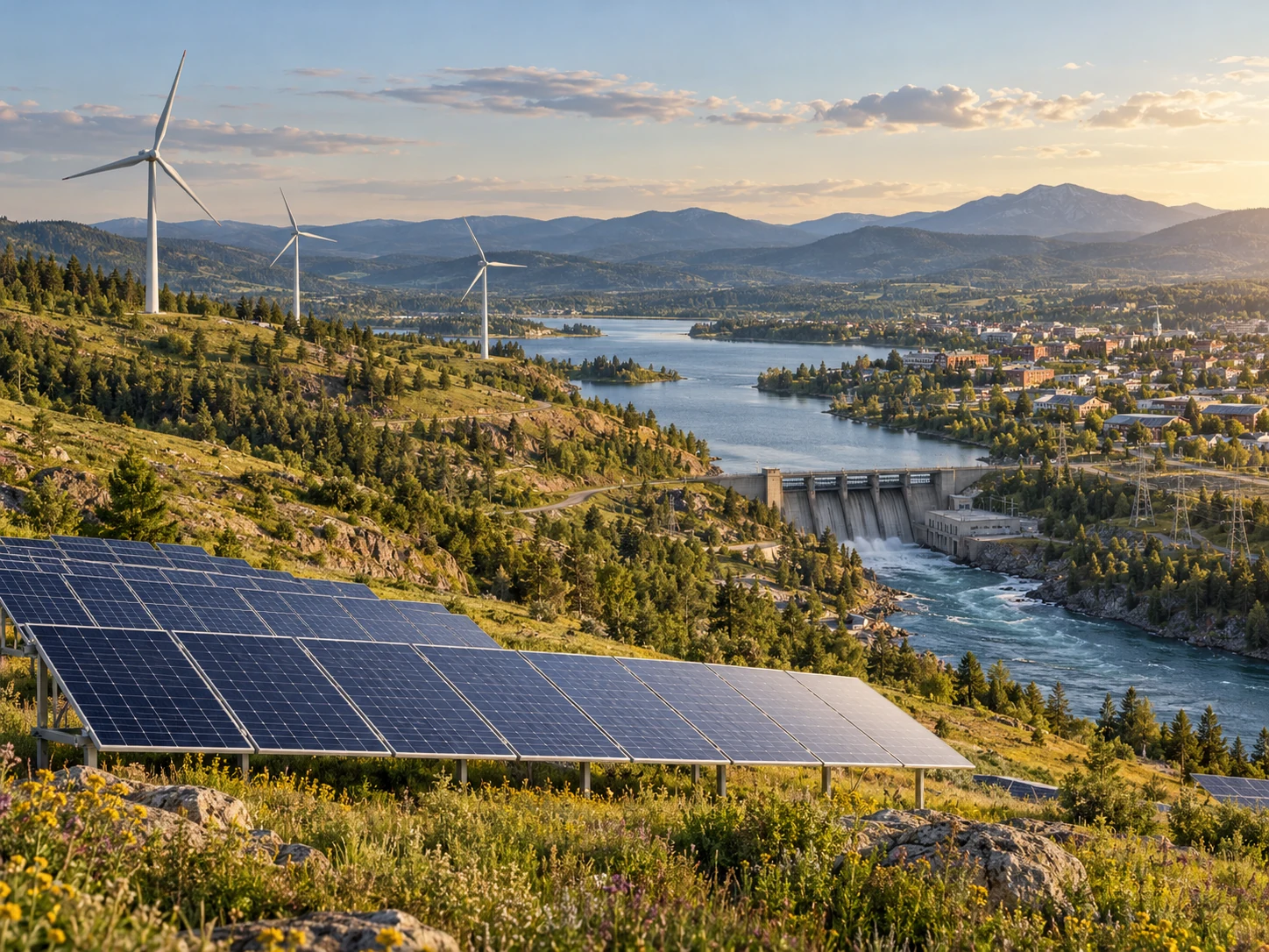 Energy landscape with solar arrays, three wind turbines, a hydroelectric dam, transmission lines and a town.
