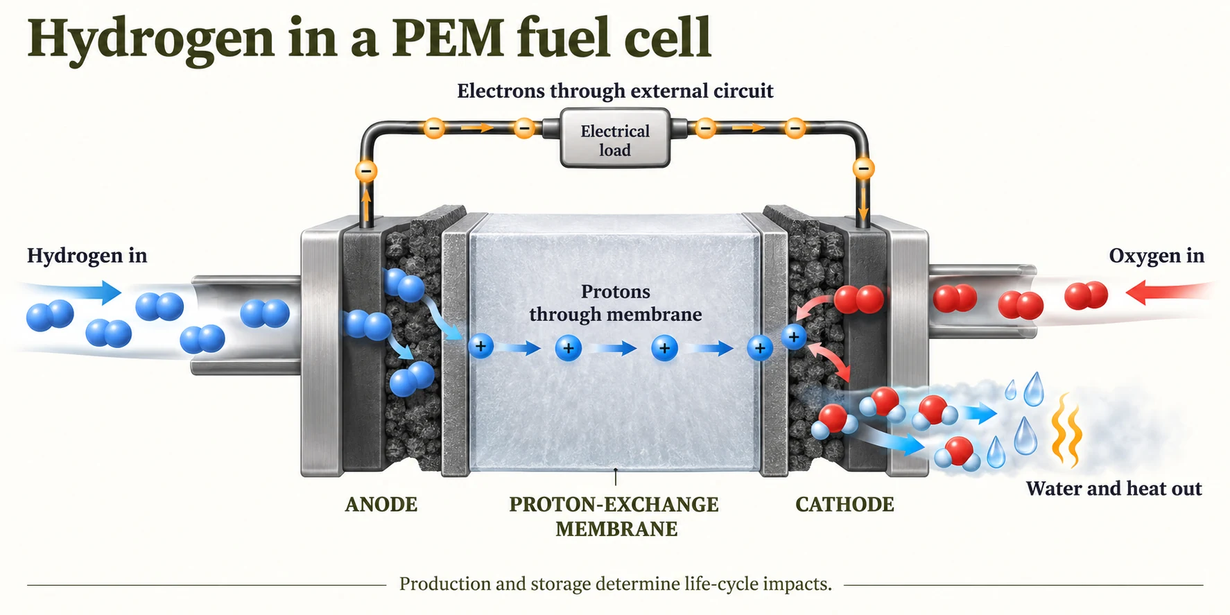 Hydrogen enters the anode, protons cross a PEM membrane, electrons pass through an external electrical load, and oxygen combines at the cathode to form water.