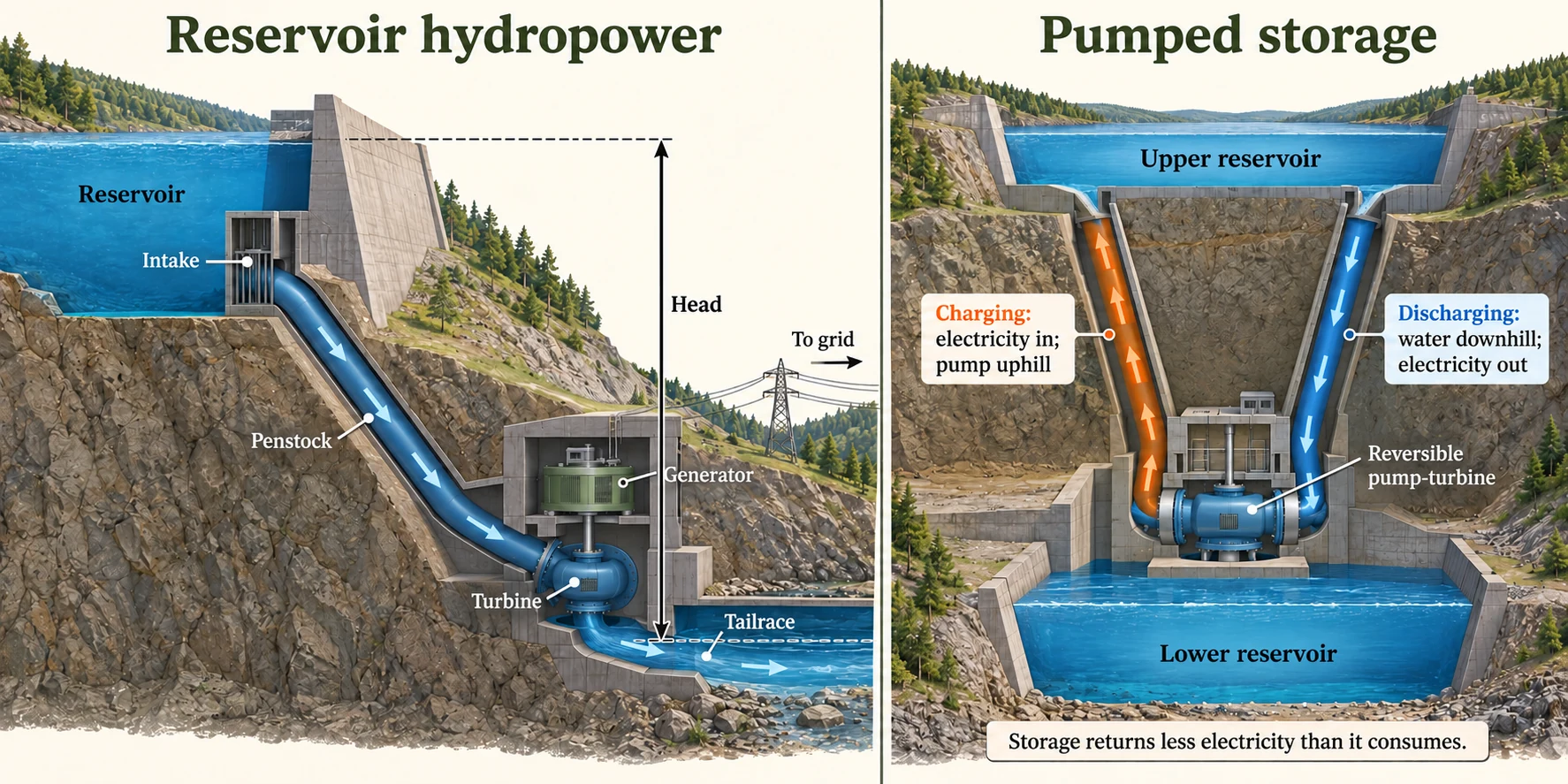 Reservoir water flows down a penstock through a turbine into a tailrace; pumped storage uses electricity to pump uphill and returns electricity during downhill discharge.