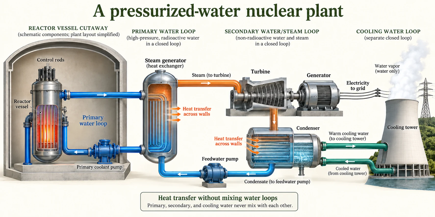 A pressurized-water reactor transfers heat through separate primary, secondary steam and cooling-water circuits to a turbine, generator and condenser.
