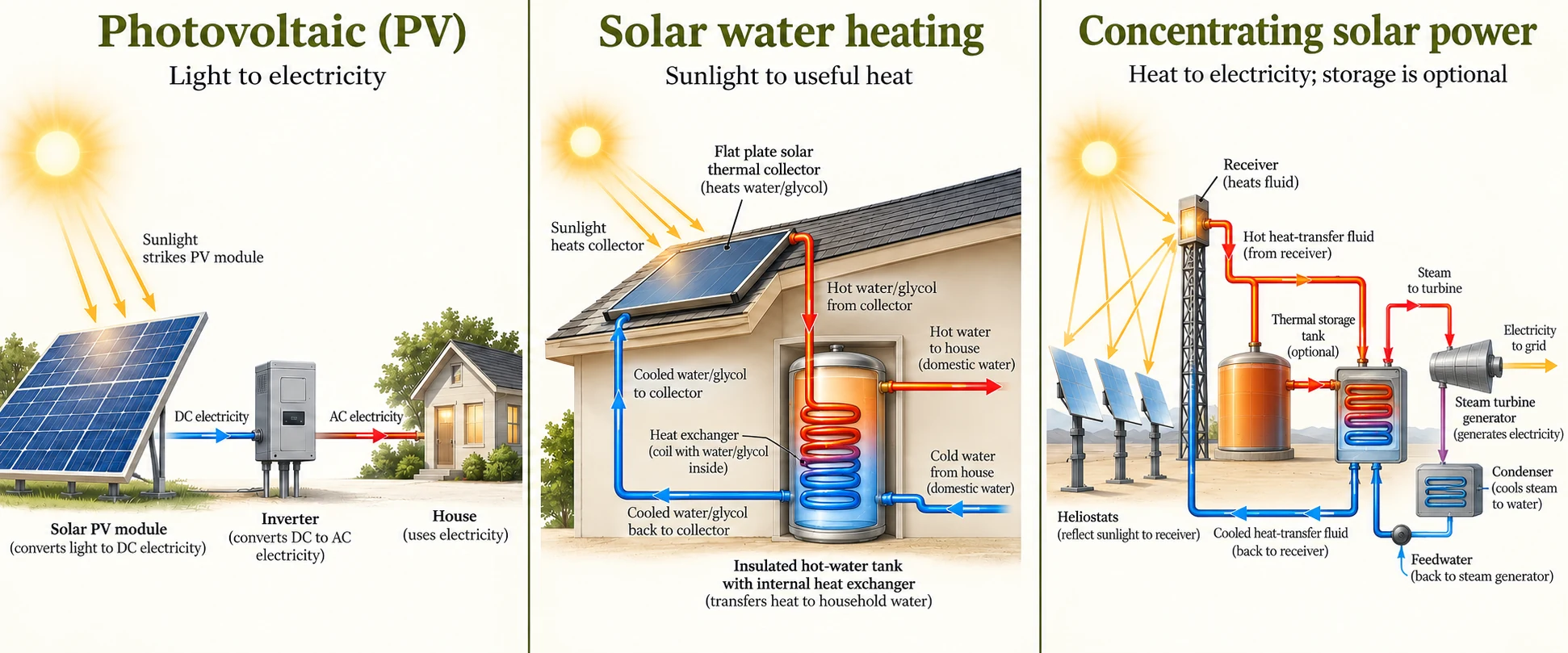 PV supplies DC electricity to an inverter; a solar collector heats a separate domestic-water tank through a coil; concentrating solar transfers heat to storage and a steam cycle.