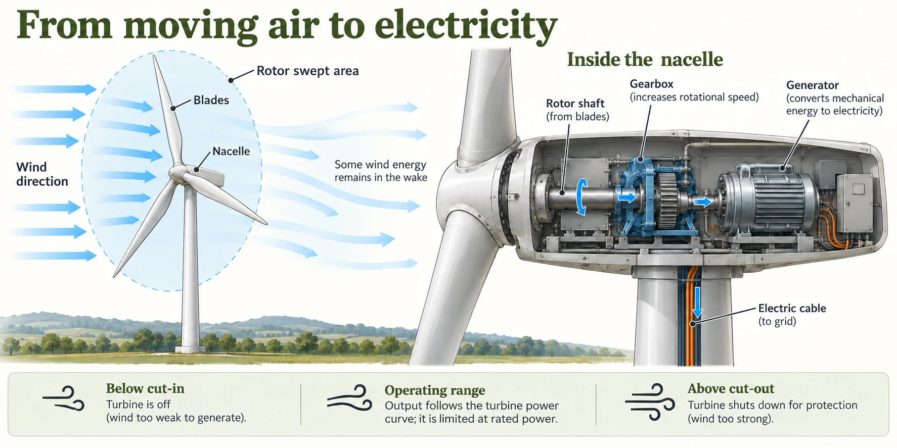 Wind passes a three-blade rotor and continues in a wake; the nacelle contains a rotor shaft, gearbox and generator, with an electrical cable down the tower.
