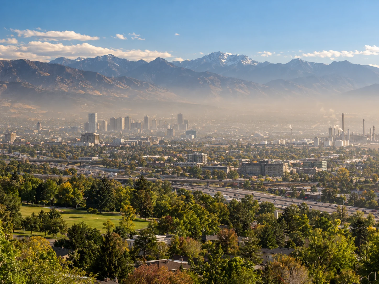 Mountain-basin city with traffic, an urban park and diffuse atmospheric haze beneath a clear sky.