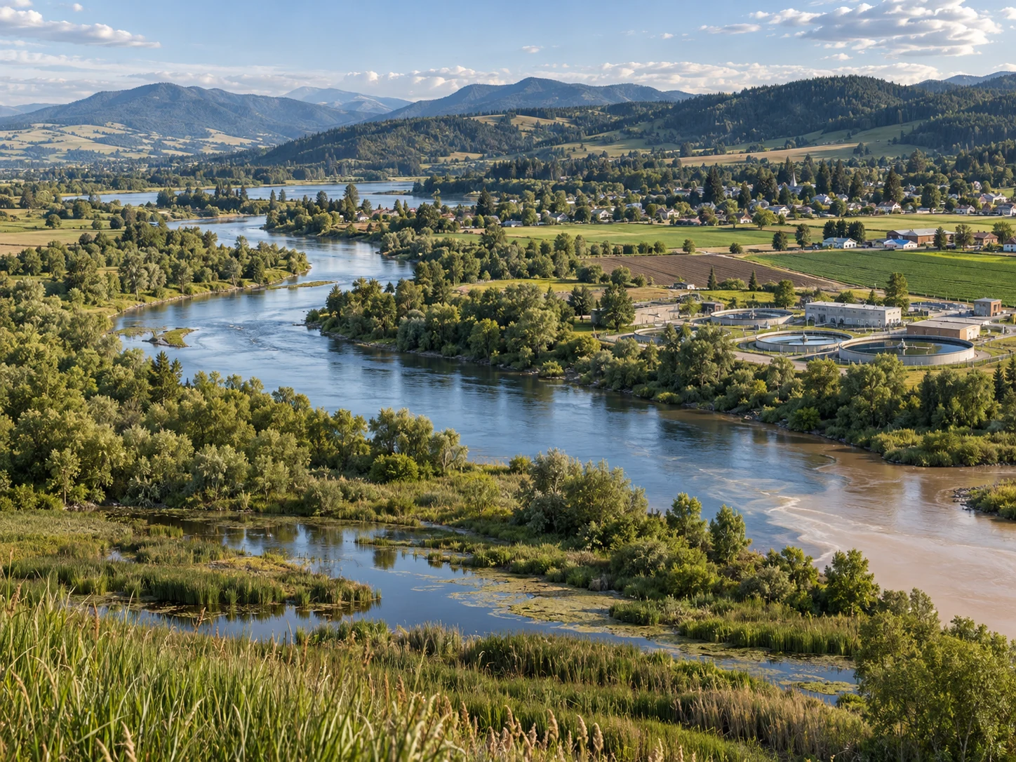 River catchment with farmland, a wetland, a town and water-treatment infrastructure, illustrating aquatic and terrestrial pollution pathways.