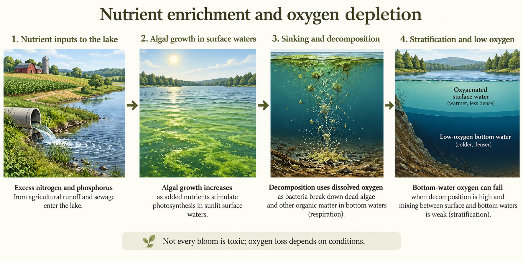 Nutrient inputs stimulate growth; decomposition and respiration consume oxygen, and stratification can limit replenishment in deeper water.