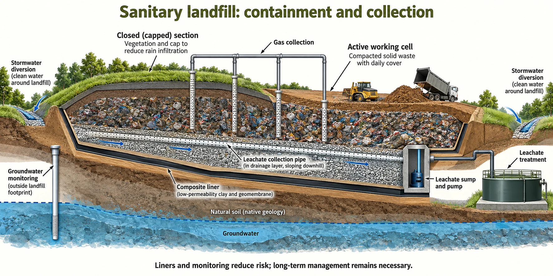 A sanitary landfill cutaway shows cover, gas collection, a leachate drainage layer above a composite liner, and groundwater monitoring wells.