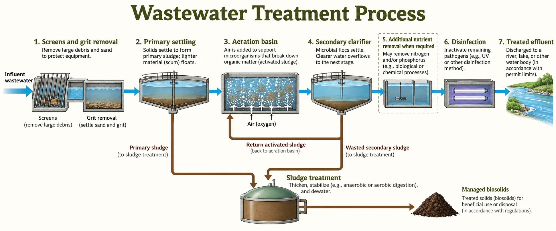 Wastewater passes through screening, primary settling, biological treatment, secondary clarification and disinfection; sludge and return-activated-sludge routes are separate.