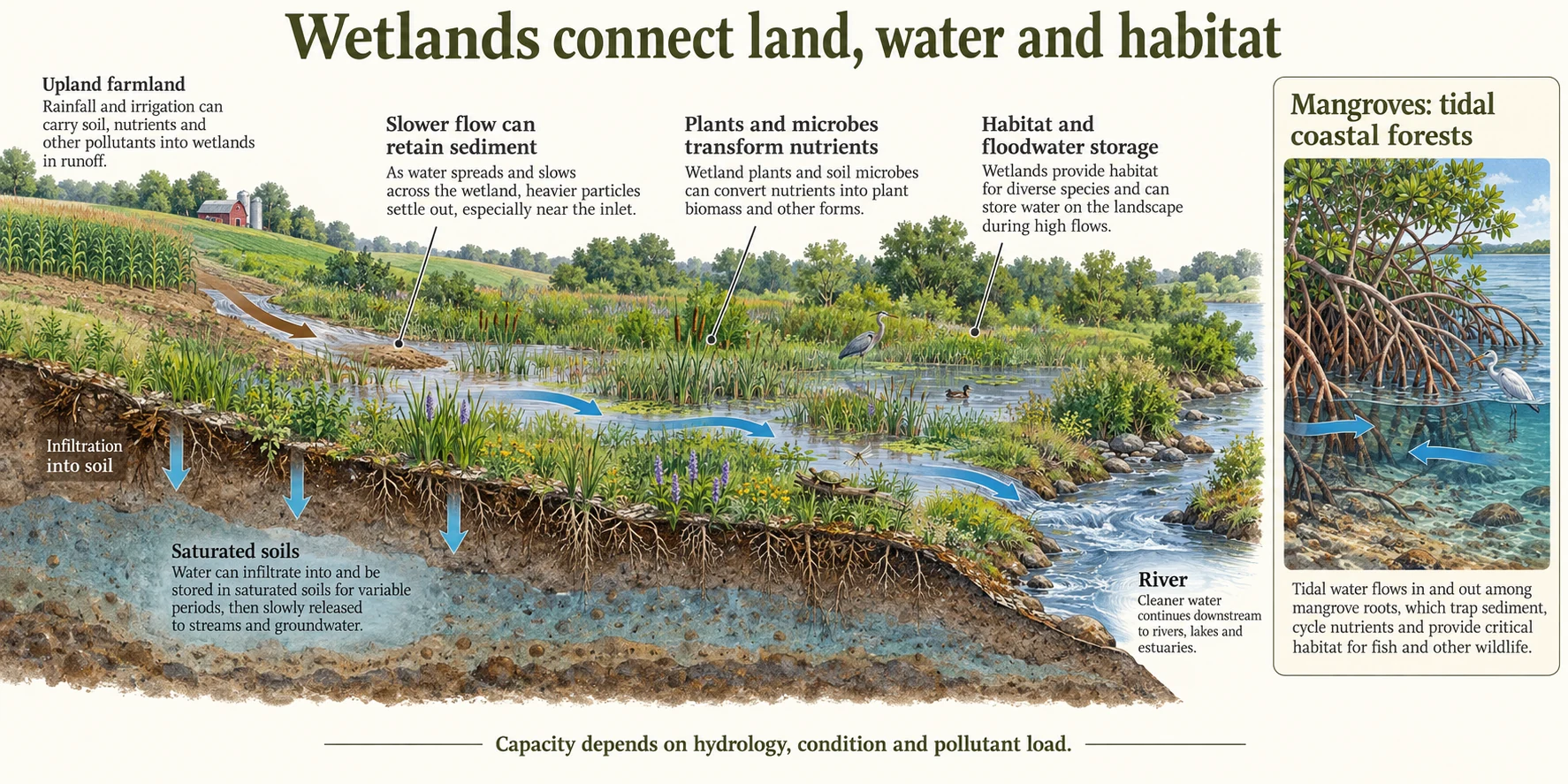 A wetland slows runoff, traps sediment, supports nutrient transformations and connects surface water with soil; an inset shows a tidal mangrove coast.
