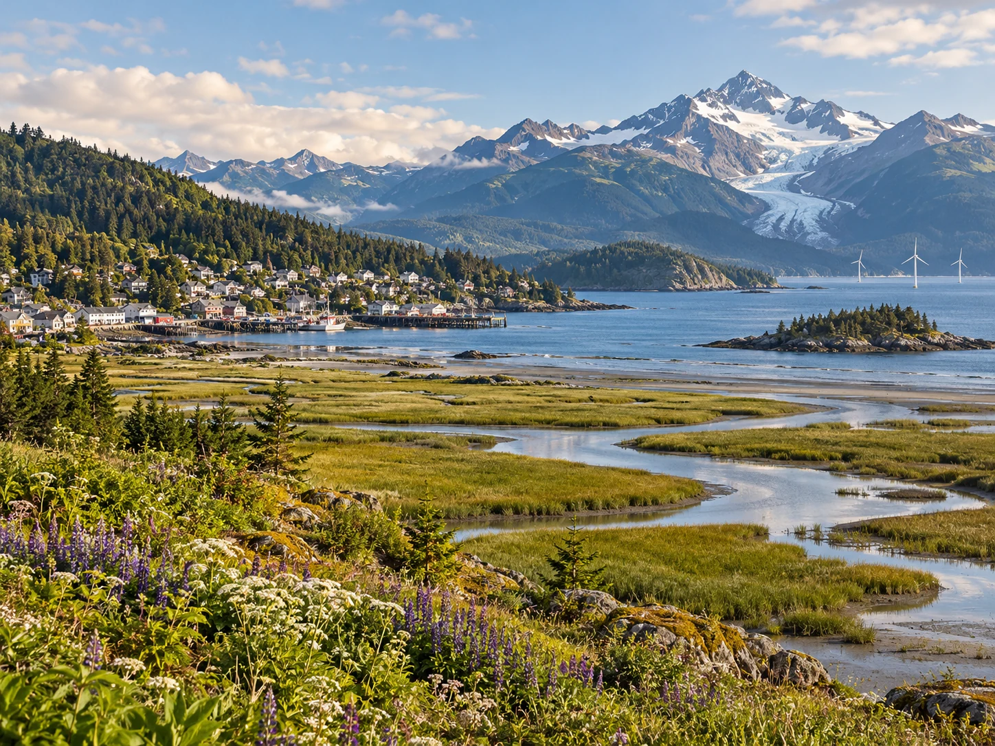 Coastal wetland, forest, town and glacier-fed mountain landscape with distant wind turbines, illustrating connected climate, ocean and biodiversity systems.