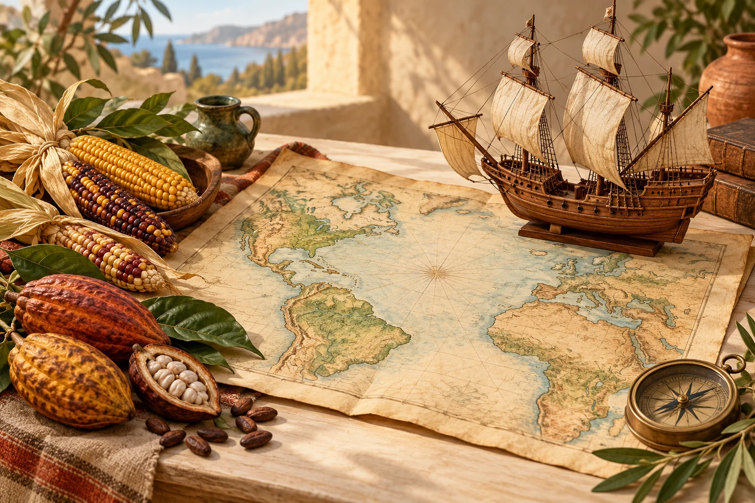 Modern teaching illustration of a sailing-ship model, maize, cacao, compass and an unlettered Atlantic map on a cream desk.