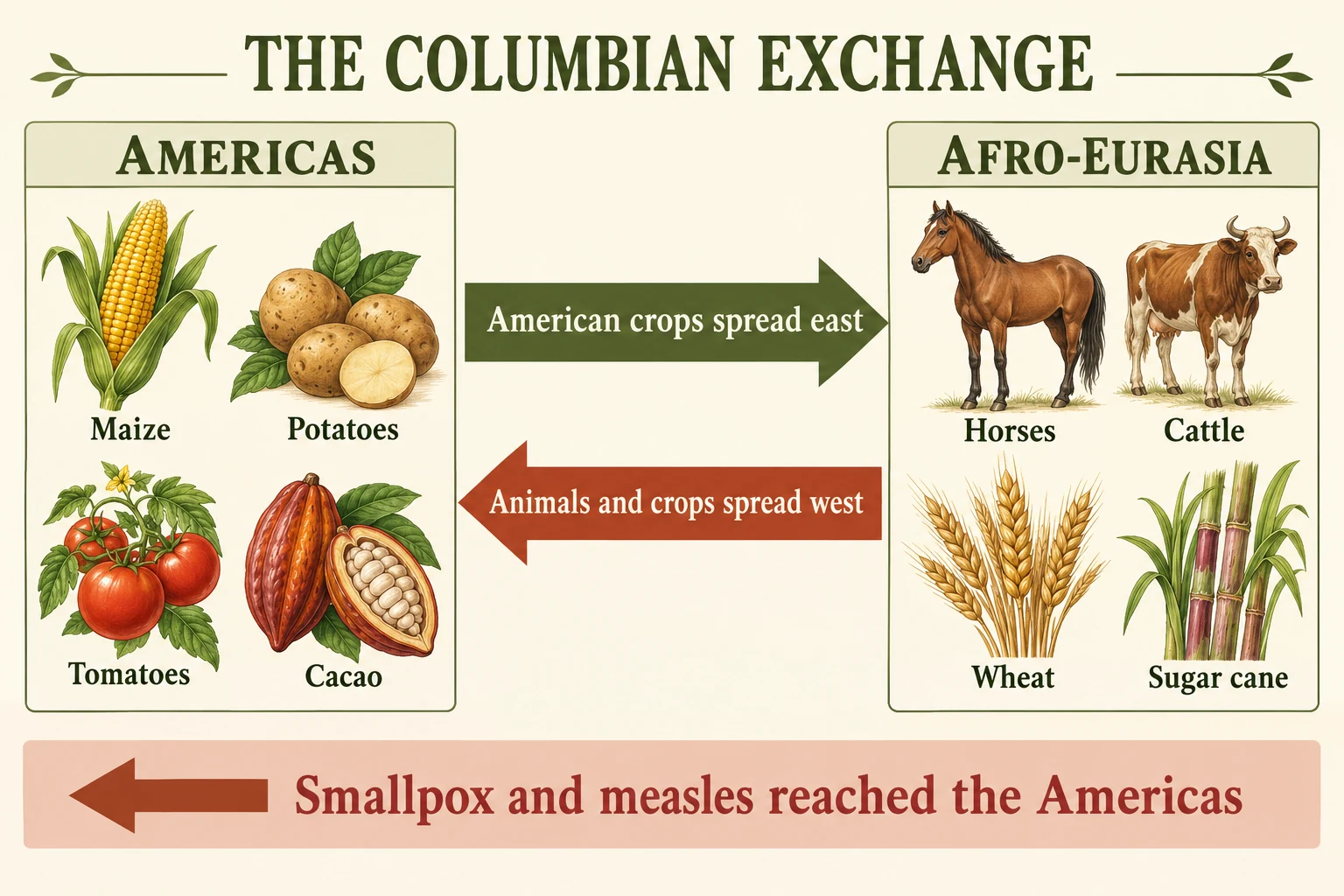 Columbian Exchange diagram: maize, potatoes, tomatoes and cacao move from the Americas to Afro-Eurasia; horses, cattle, wheat and sugar cane move to the Americas. Smallpox and measles also reach the Americas.