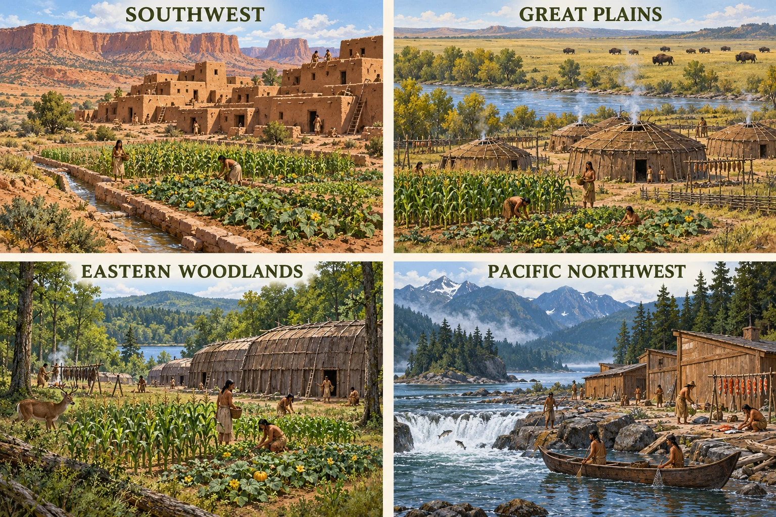 Conceptual illustrations of Pueblo farming in the Southwest, a Great Plains riverine farming village, an Eastern Woodlands longhouse settlement and Pacific Northwest fishing.