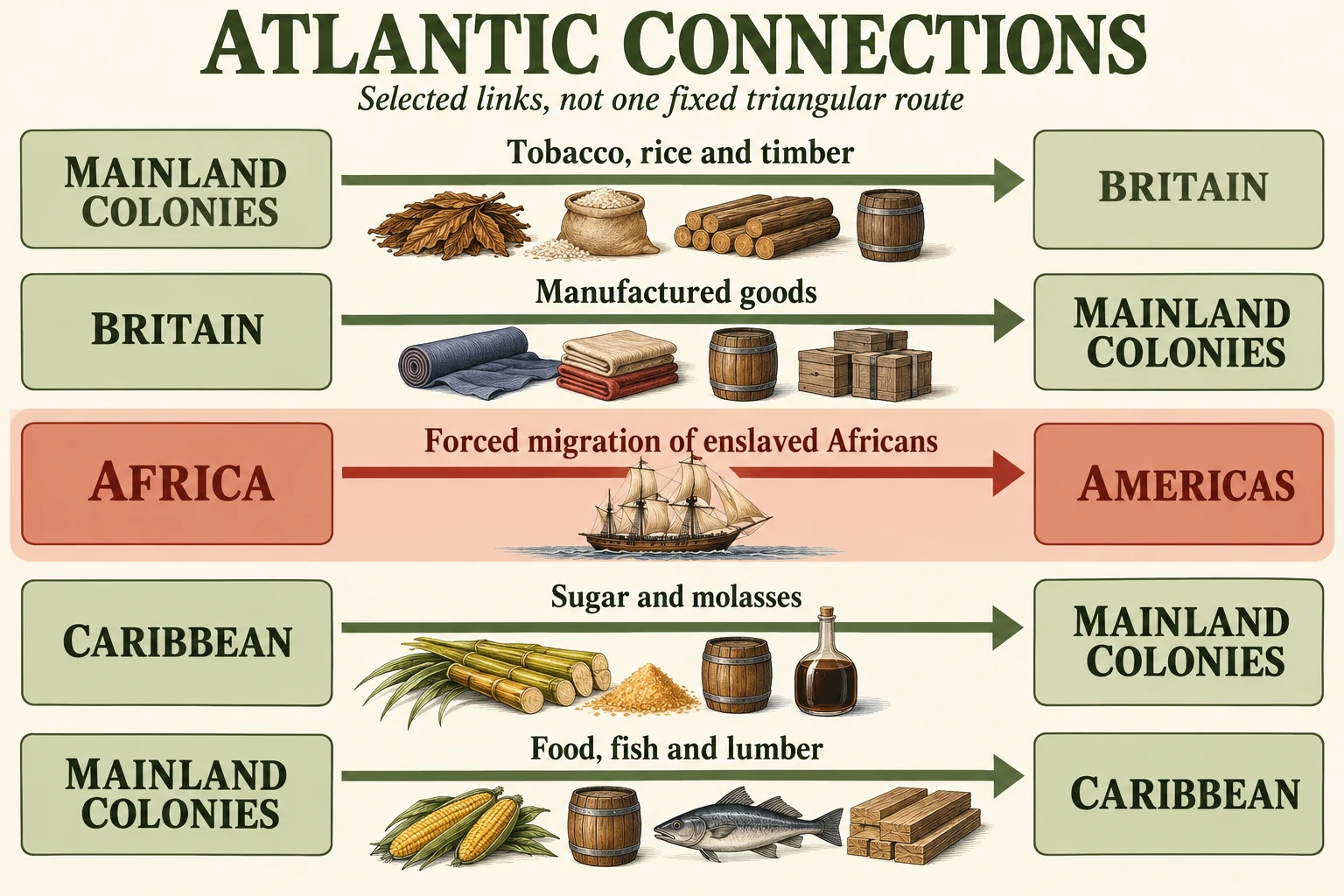 Atlantic connections diagram: mainland colonies send tobacco, rice and timber to Britain; Britain sends manufactured goods to mainland colonies; enslaved Africans are forcibly transported from Africa to the Americas; Caribbean sugar and molasses move to mainland colonies, which send food, fish and lumber to the Caribbean.