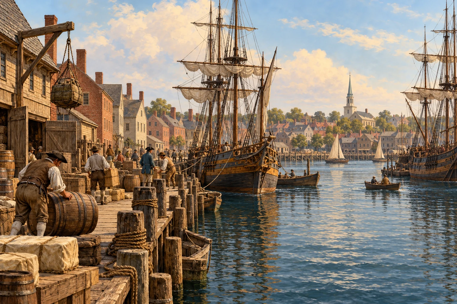 Modern teaching illustration of an eighteenth-century colonial harbor, sailing ships, warehouses and trade goods in an olive and cream palette.