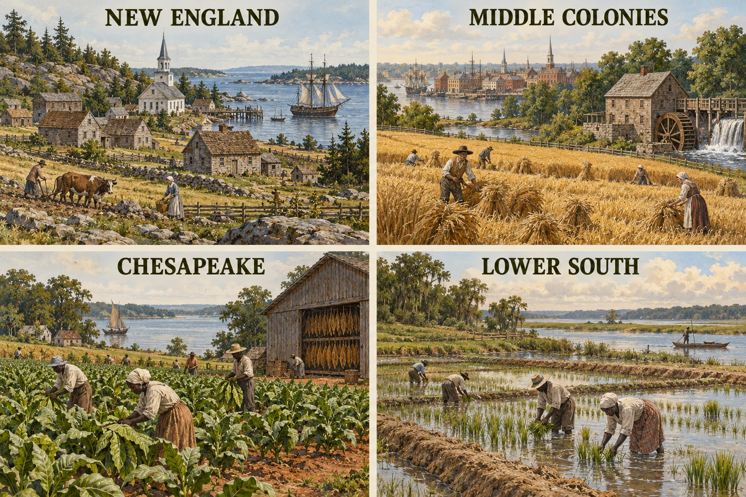 Four-panel comparison of New England mixed farming and maritime commerce, Middle Colony grain and milling, Chesapeake tobacco cultivation and Lower South rice cultivation.