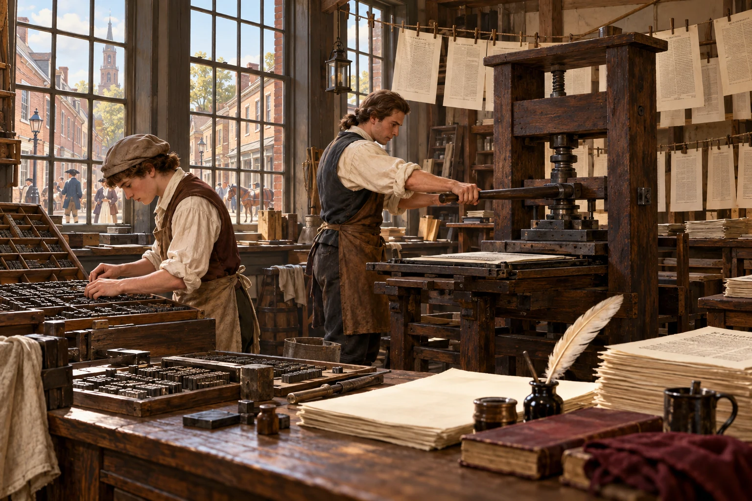 Teaching illustration of a colonial printing workshop with a press, type trays and printed documents.
