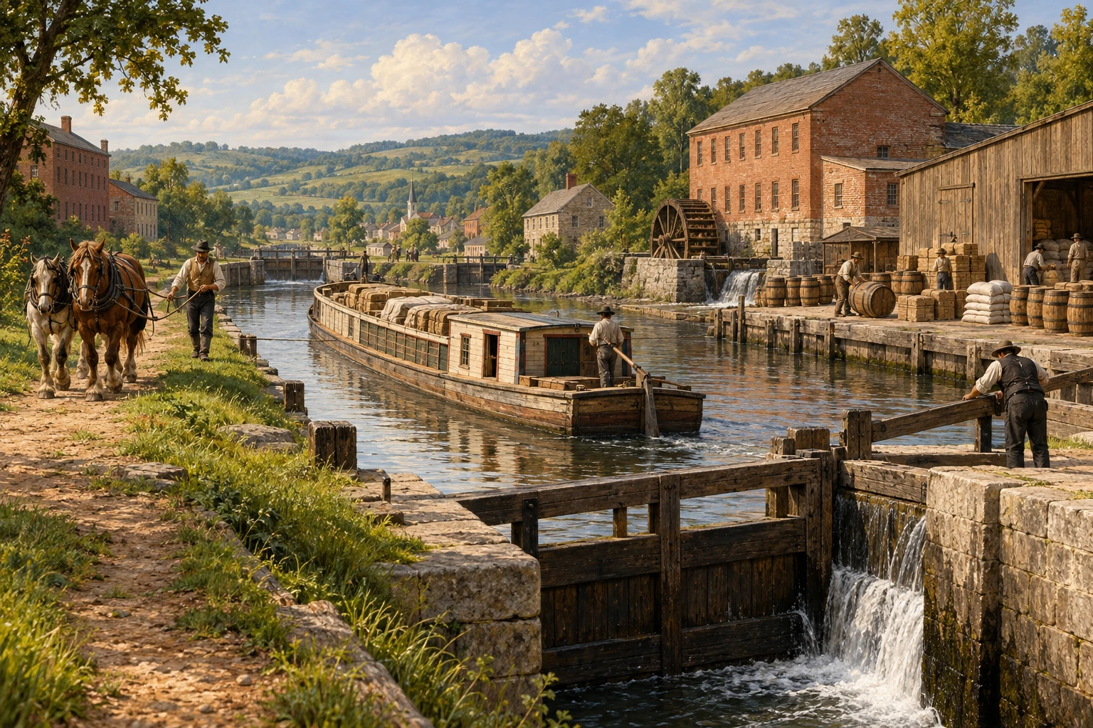 Modern teaching illustration of a canal lock and mill-town waterfront around 1835, with a wooden cargo boat, tow horses, workers and warehouses.