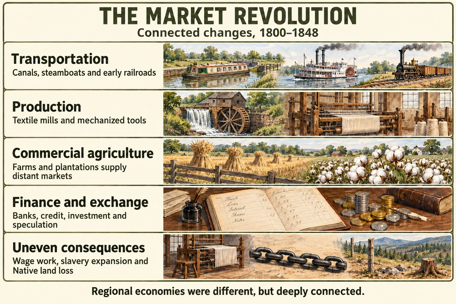Market Revolution overview showing transportation by canals, steamboats and railroads; textile production and mechanization; commercial farming; banking and credit; and unequal consequences including wage work, slavery expansion and Native land loss.
