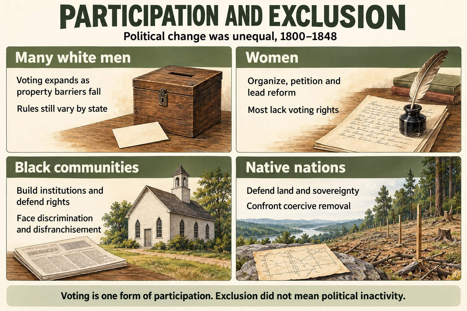 Four-panel comparison: voting expands for many white men while rules vary by state; women organize and petition while largely excluded from voting; Black communities build institutions and defend rights amid discrimination and disfranchisement; Native nations defend sovereignty against coerced removal.