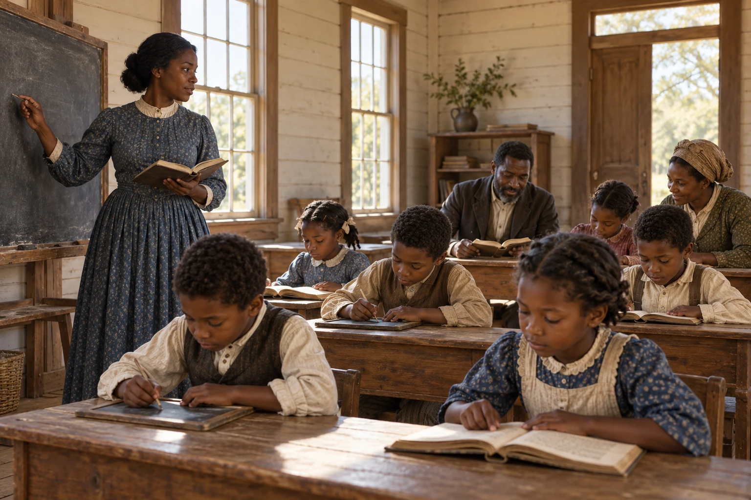 Modern teaching illustration of a Black teacher, children and adults in a community school during Reconstruction, with books, a chalkboard and shared learning.