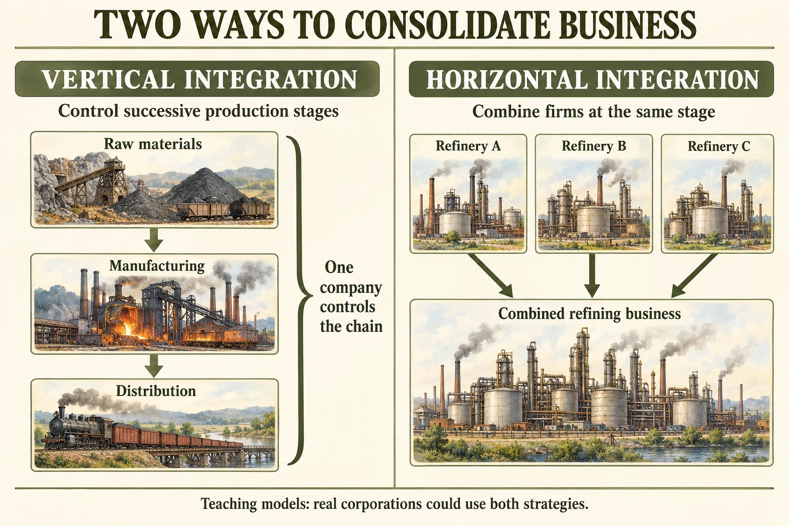 Vertical integration controls raw materials, manufacturing and distribution under one company; horizontal integration combines competing refineries at the same stage into a larger refining business.