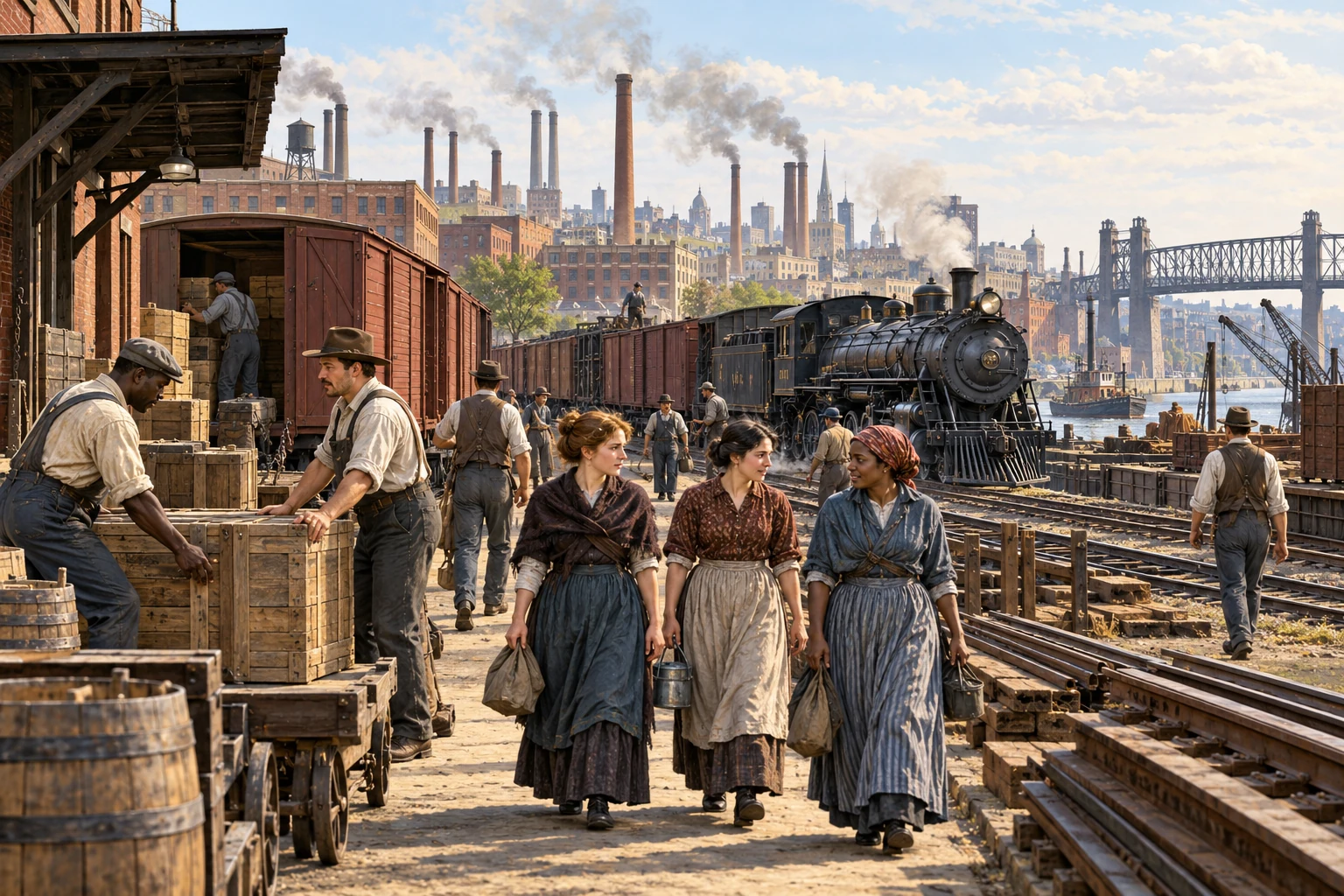 Modern teaching illustration of adult workers in an American industrial city around 1890, with a steam freight train, brick factories and a steel bridge.