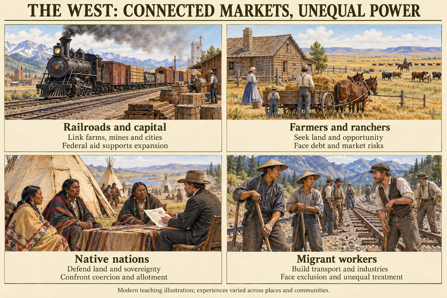 Four-panel comparison of western expansion: railroads and capital connect markets with federal support; farmers and ranchers seek land but face debt; Native nations defend sovereignty against coercion and allotment; migrant workers build industries while facing exclusion.