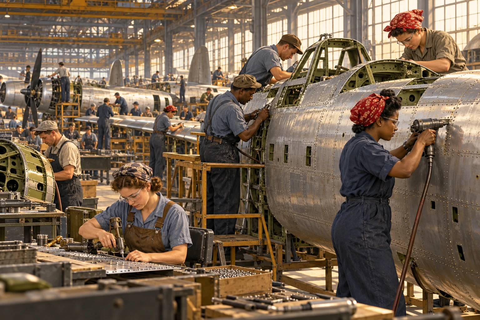 Modern teaching illustration of workers in a World War II aircraft factory, representing wartime production and mobilization.