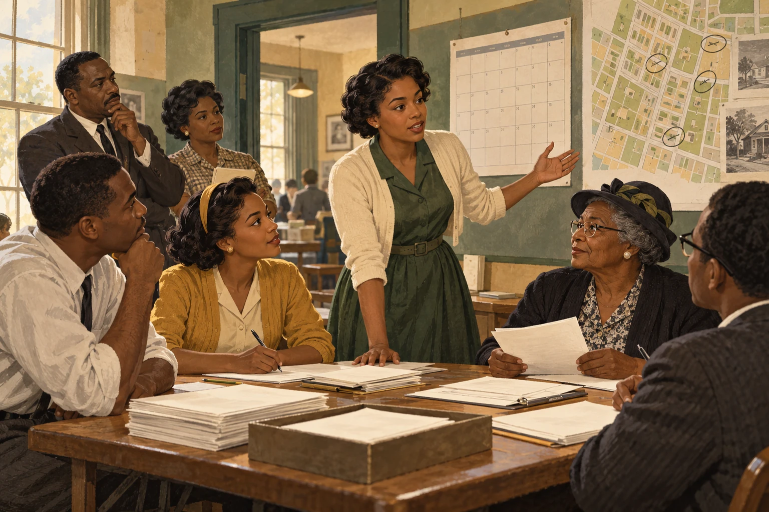 Modern teaching illustration of adult Black women and men organizing a voter registration campaign in an imagined early-1960s community hall.