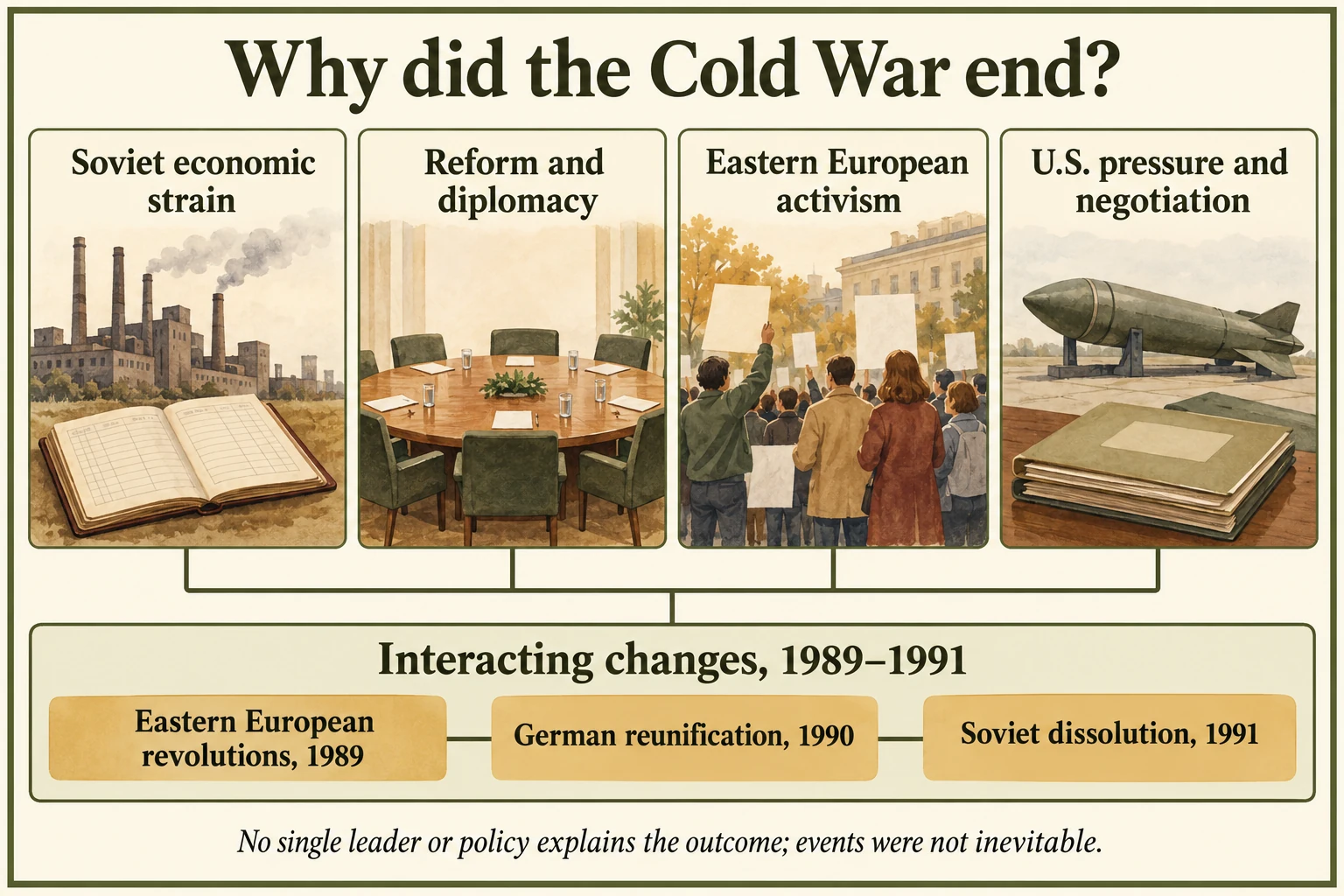 Interacting causes of the Cold War ending: Soviet economic strain, reform and diplomacy, Eastern European activism, and American pressure and negotiation, alongside revolutions in 1989, German reunification in 1990 and Soviet dissolution in 1991.