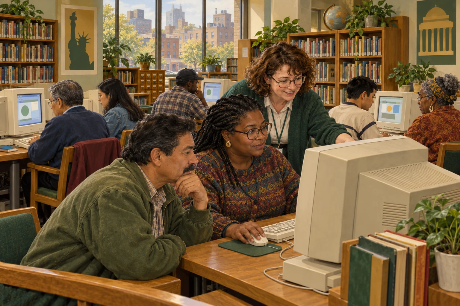 Modern teaching illustration of students using computers in a library, representing digital technology and changing access to information after 1980.