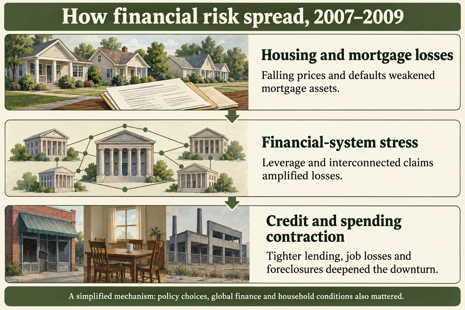 Simplified financial-crisis mechanism: falling house prices and mortgage defaults weakened assets; leverage and interconnected financial claims amplified stress; tighter credit, job losses and foreclosures reduced spending and deepened the downturn.