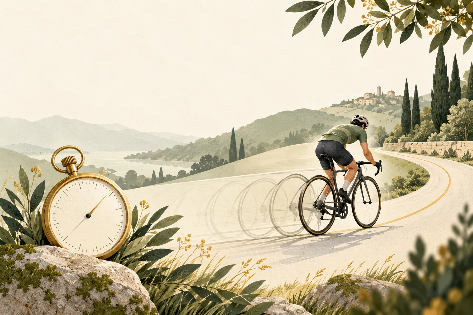 Olive and cream illustration of a cyclist in motion beside a stopwatch, introducing instantaneous change