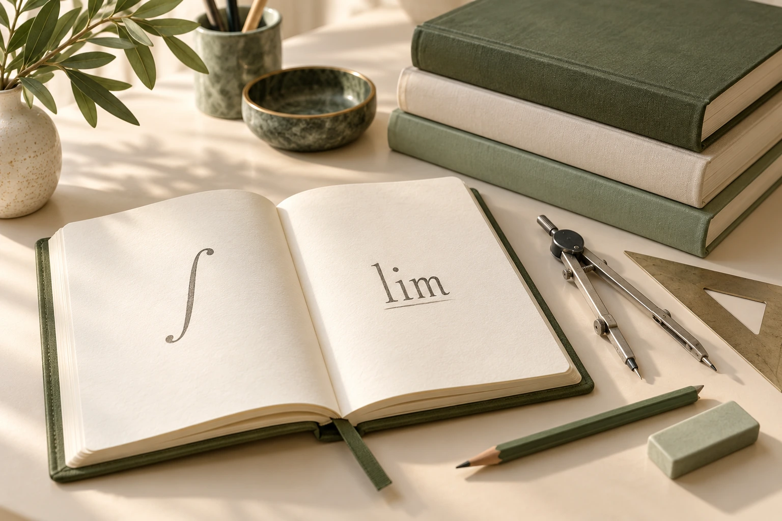 Open calculus notebook with limit and integral symbols, compass, set square and pencil on an olive and cream mathematics study desk