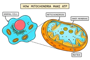 How mitochondria make ATP: an animal cell, enlarged mitochondrial cutaway and ATP in the matrix