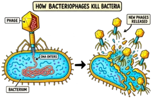 A tailed bacteriophage delivers DNA into a bacterium, followed by bacterial lysis and release of progeny phages