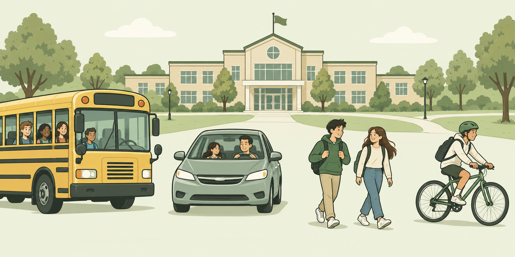 Students arriving at school by bus, car, walking and bicycle. In this lesson, the recorded variable is each student's travel time in minutes.